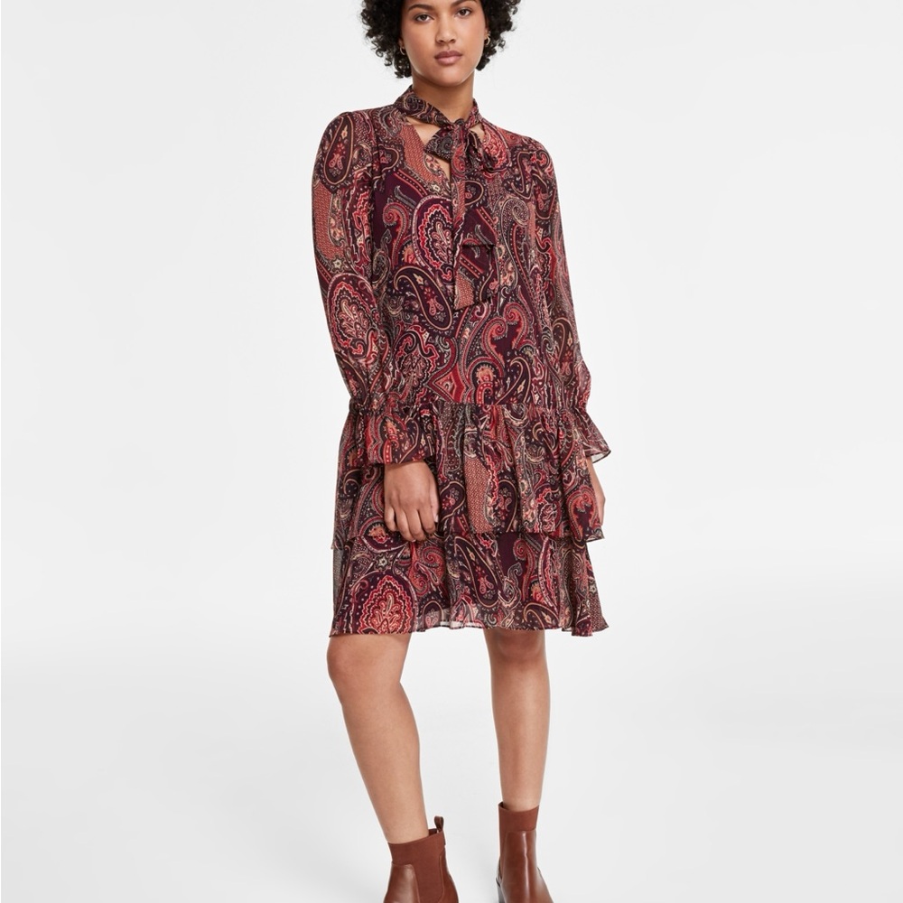 Tommy Hilfiger Women’s Paisley Tie-Neck Tiered Dress - Aub/chlpep - Size 16